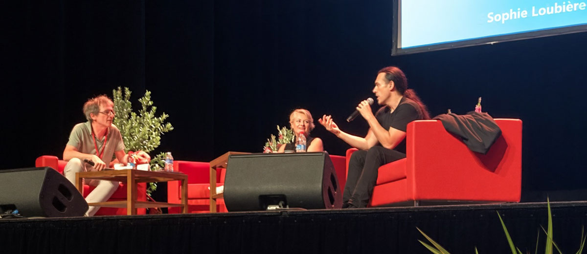 Jean-Antoine Loiseau, Sophie Loubi&egrave;re et C&eacute;dric Sire en conf&eacute;rence au salon du livre de Villeneuve-sur-Lot, octobre 2026